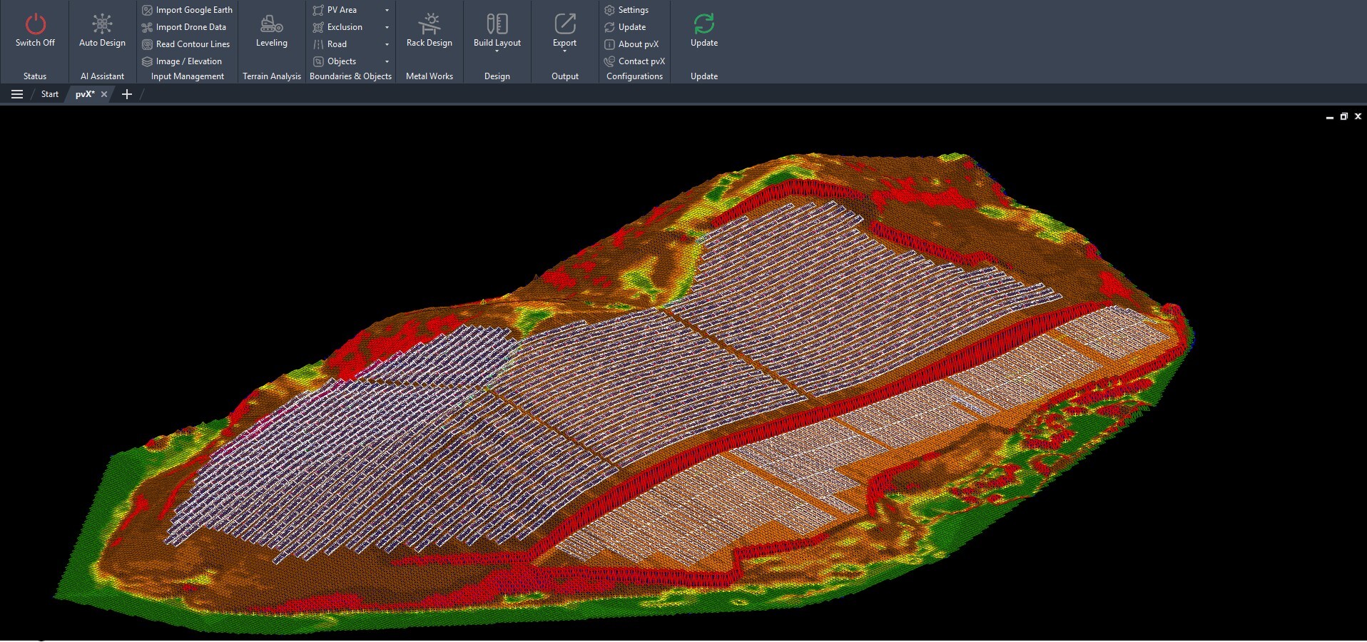 PVX.AI 3D solar plant design on real terrain inside AutoCAD